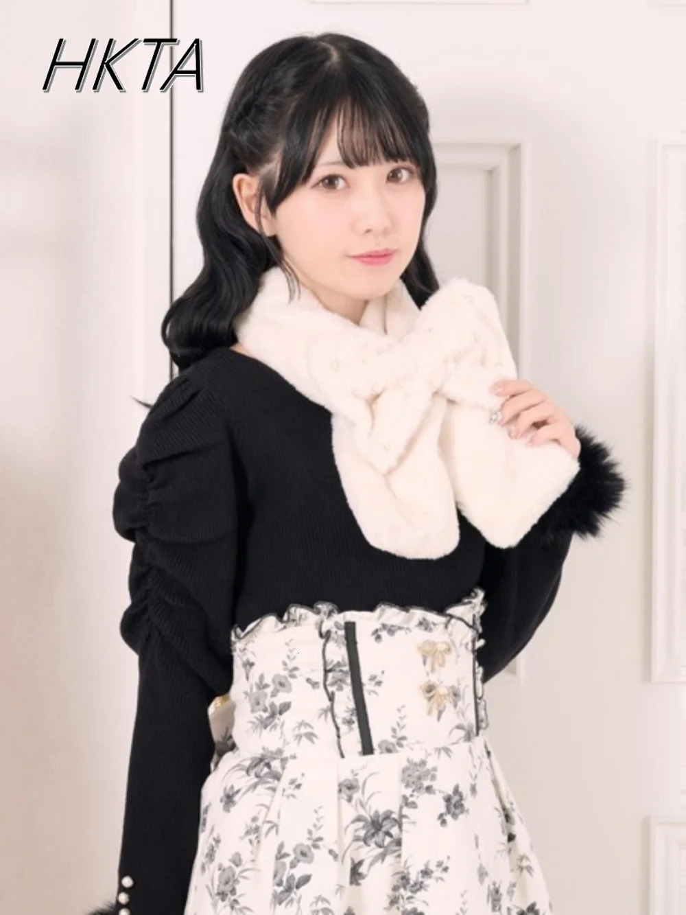 Japanese Original Bow Scarf Nail Bead Plush Rabbit Fur Scarf Cute Early Winter Thermal Scarf 250929