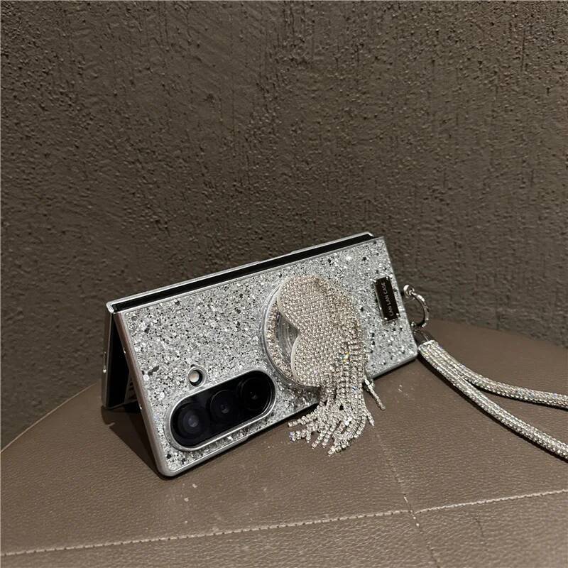 Fashion Glitter Magnetic Phone Case For Samsung Galaxy Z Fold 7 6 5 4 3 Fold6 Fold7 Cover with Magsafe Love Stand Chain Cases