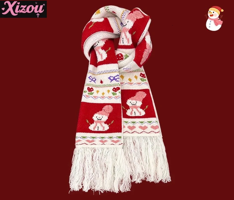 Japanese Retro Jacquard Soft Snowman Hand Embroidered Fringed Scarf To Keep Warm Niche Fashion Versatile Knitted Scarf Unisex 250930
