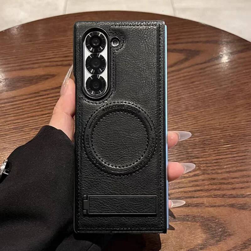 Retro Leather Hidden Tripod Phone Case For Samsung Galaxy Z Fold 7 6 5 4 3 Magsafe Wireless Charging Lens Fall Prevention Cover