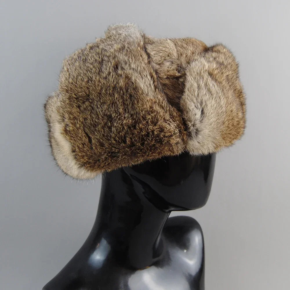 Mens Caps Warm Natural Rabbit Fur Bomber Hat With Earflaps Winter Unisex Warm Russian Ushanka Hat Real Rabbit Fur Hats 250929