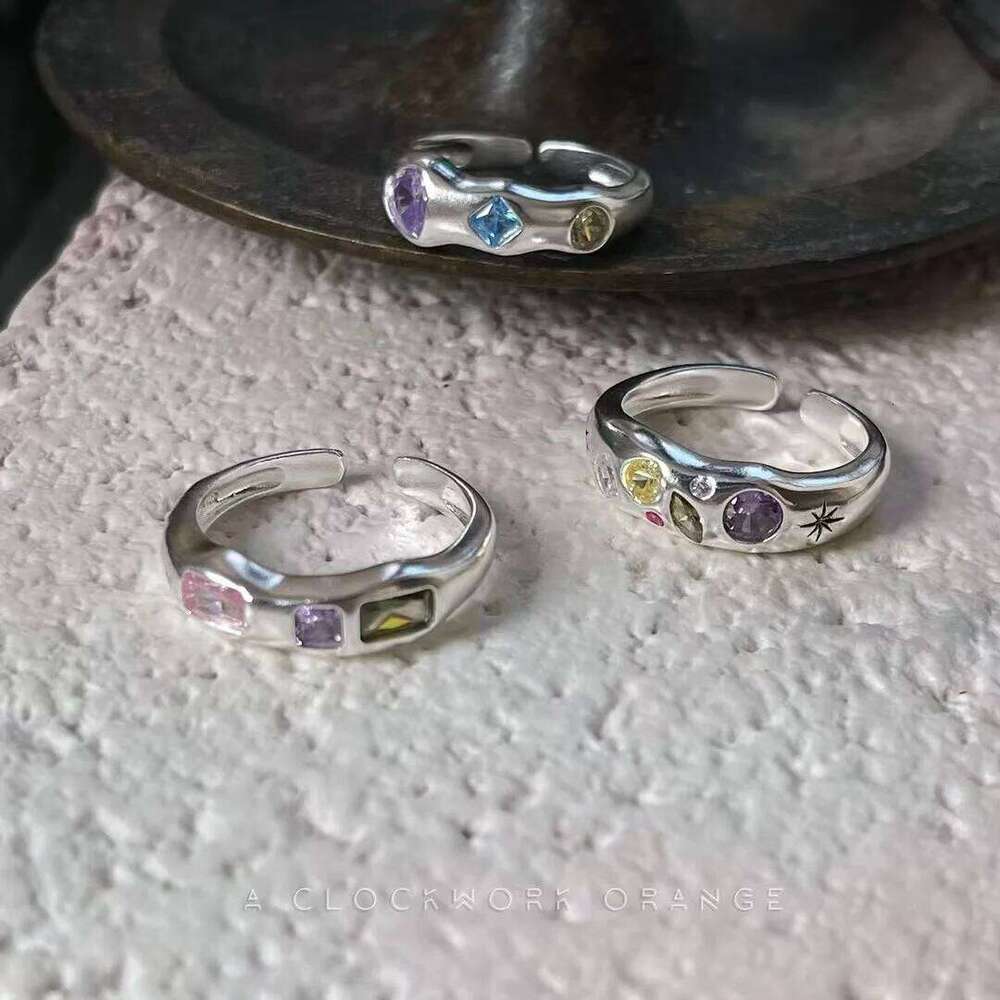 Irregular Texture Retro Inlay Colored Gemstone Sier Color for Women Engaement Wedding Aesthetic Rings Jewelry Girls Gift