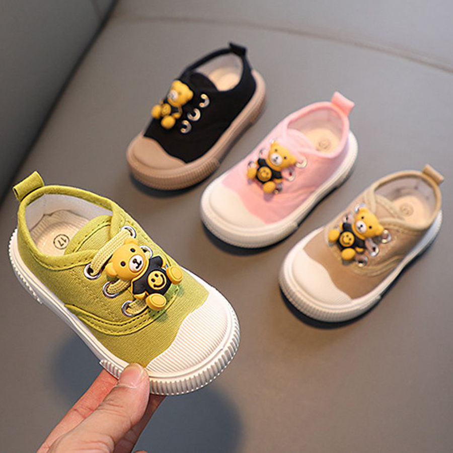 Baby Spring and Autumn Treasure Breathable Non-slip Shoes Kidszworld Cartoon Bear Rubber Soft Soled Toddler Shoes Children Infant Casual Canvas Shoes 