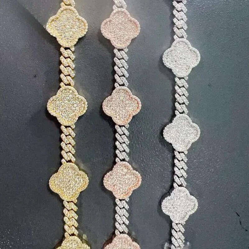 Goldleaf New Product SIER Moissanite Trendy Hip Hop Style Iced Out Lucky Flower Cuban Link Chain Bracelet