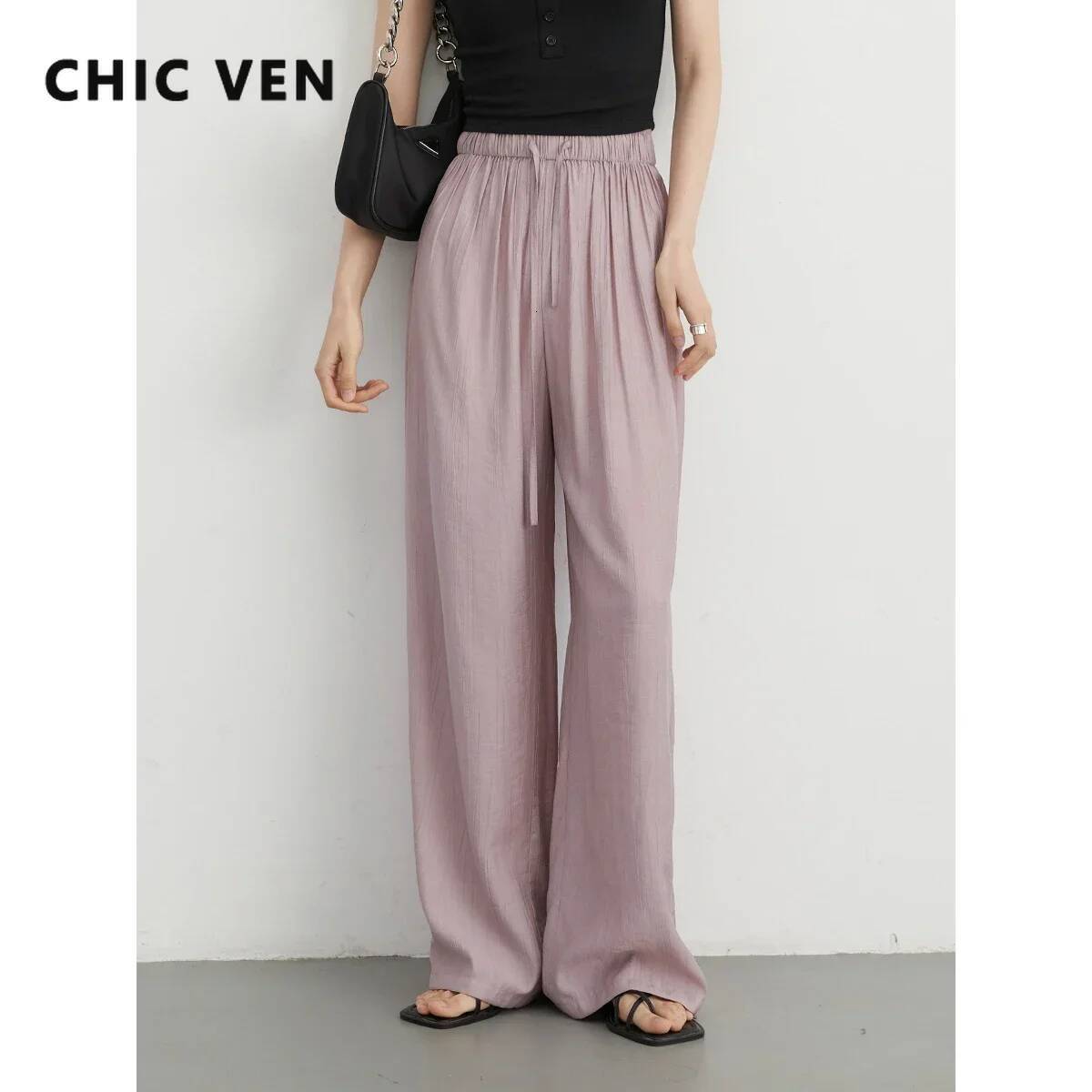 CHIC VEN Korean Women Pants High Waisted Loose Solid Textured Elastic Waist Wide Leg Casual Trousers for Woman Sport Summer 2024 dongdumaoyi