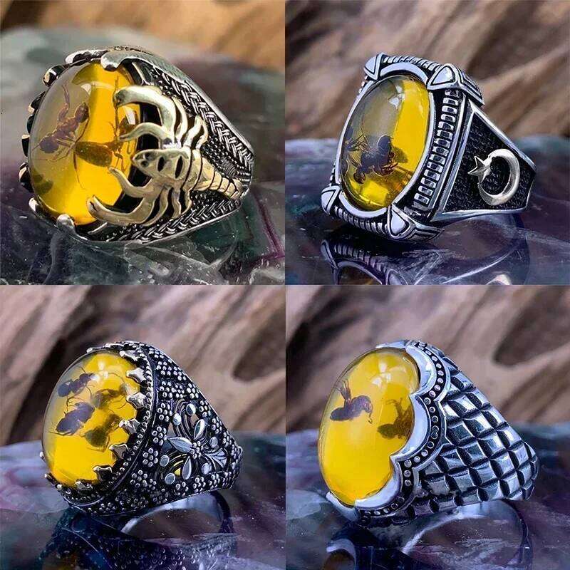 Vintage Big Oval Natural Agate Stone Men Retro Inlaid Yellow Red Zircon Ant Ring for Women Wedding Band Jewelry