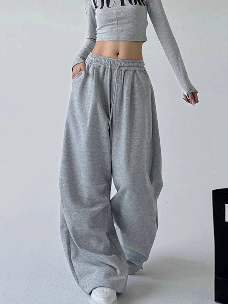 Y2K Haruku Wide Leg Sweatpants Women Streetwear Baggy Oversize Gray Sports Pants High Waist Drawstring Casual Joggers Trousers dongdumaoyi