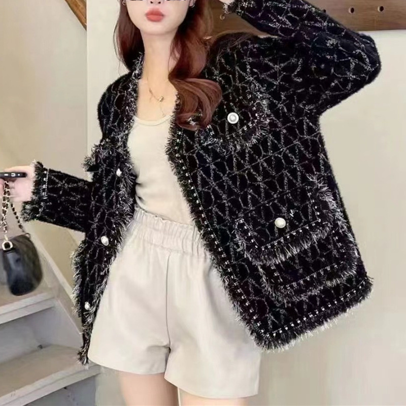 2025 Korean Knitted Jacket Autumn Designer Jacket New Tassel Imitation Mink Velvet Sweater Coarse Wool Short Coat Open Knitted Wool Sweater New Luxury