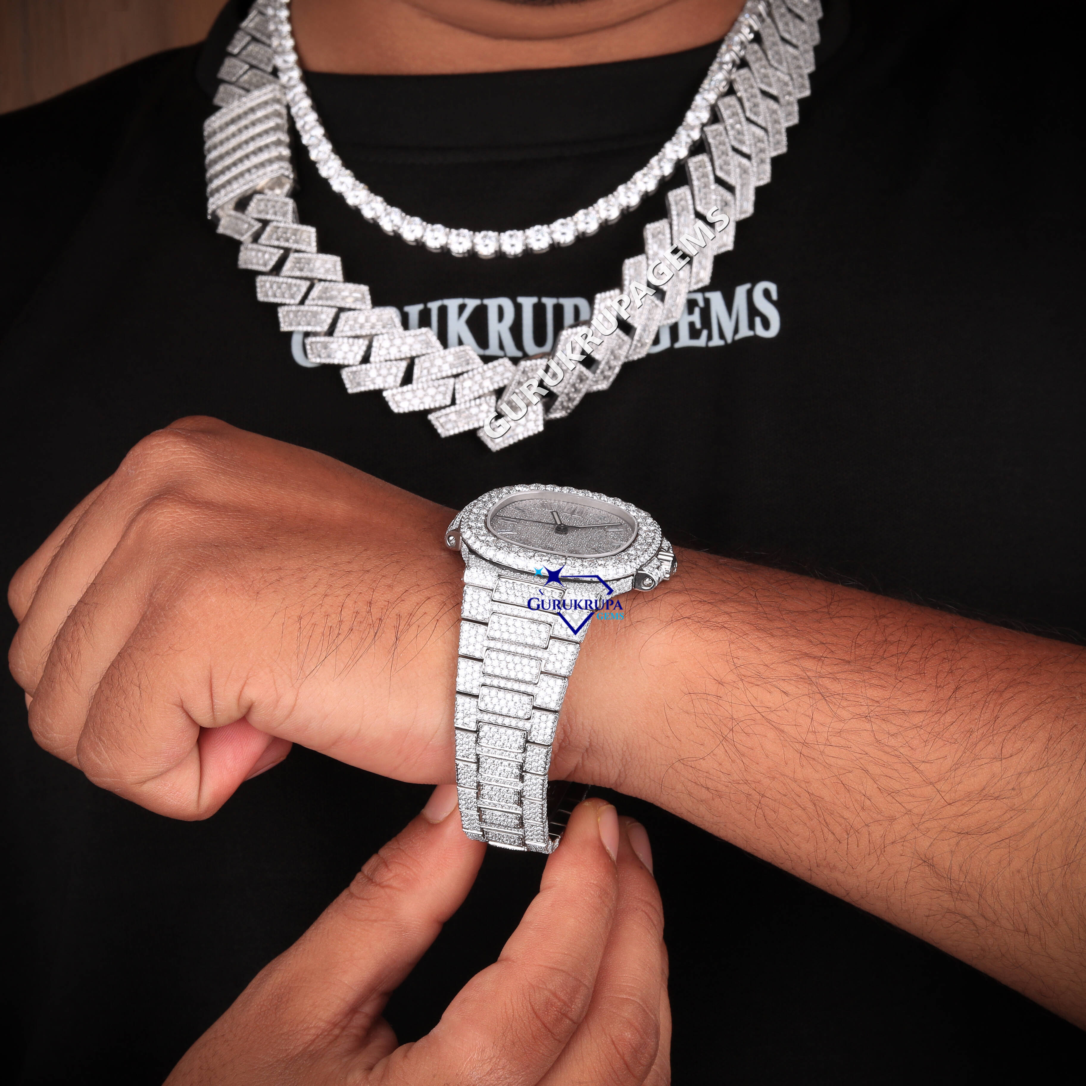 Premium 925 Silver Moissanite Chain with Matching Diamond Watch Iced Out Cuban Set for Men Stylish Hip Hop Bling