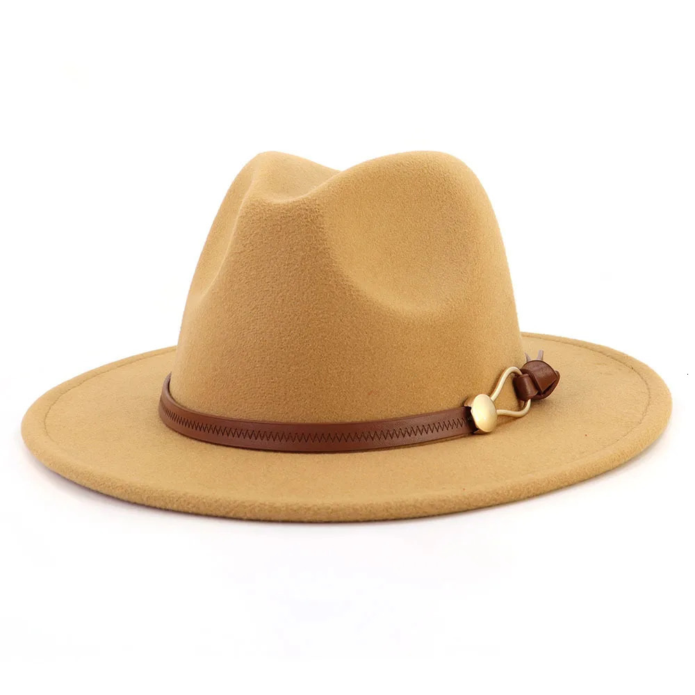Brown Belt Buckle Jazz Fedora Hat Autumn Winter Women Men Party Church Top Hat Wide Brim Sun Hat Felt Panama Cap 250930