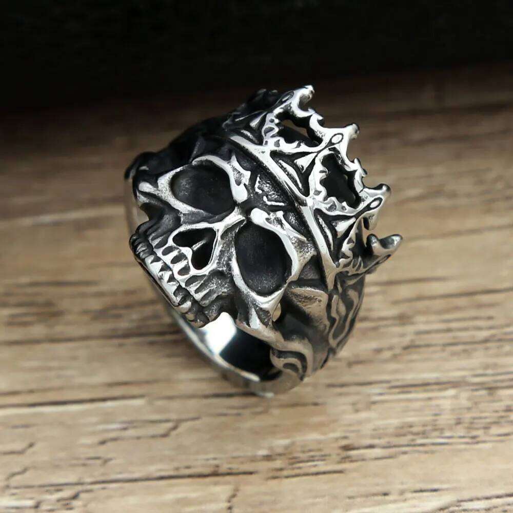 Vintage Gothic Crown Caarium Skull Punk Ring Men 316L Stainless Steel Halloween Fashion Jewelry Gift For Boyfriend Size 7-13