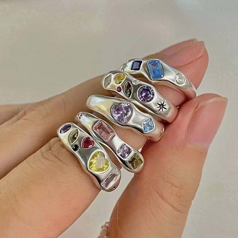 Irregular Texture Retro Inlay Colored Gemstone Sier Color for Women Engaement Wedding Aesthetic Rings Jewelry Girls Gift