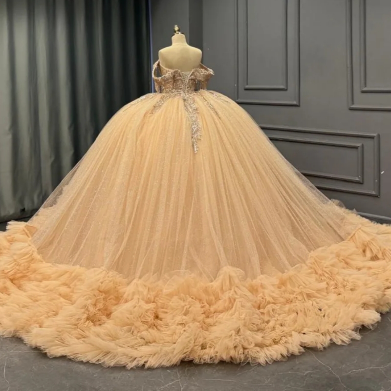 Champagne Shiny Quinceanera Dresses Off The Shoulder Sequin Applique Lace Beading Tiered Tull Party Birthday Sweet 16 Dress Vestidos 15 De Anos