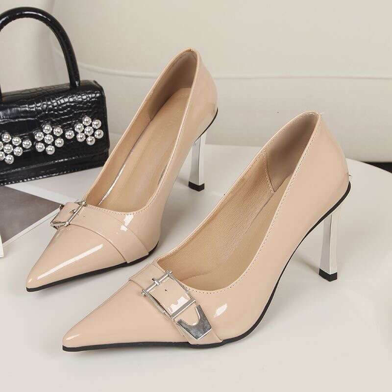 Sexy Socialite Black Silk Stiletto Designer Shoe High heels 2025 New Pointed Shallow Metal Bheelt Buckle Patent Leather Single Shoes Women
