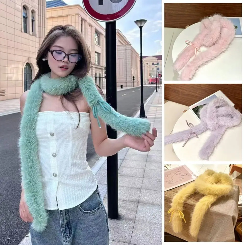 Fashion Solid Color Y2k Bow Scarf Fluffy Harajuku Bowknot Fur Scarf Sweet Women Scarf Female 250929