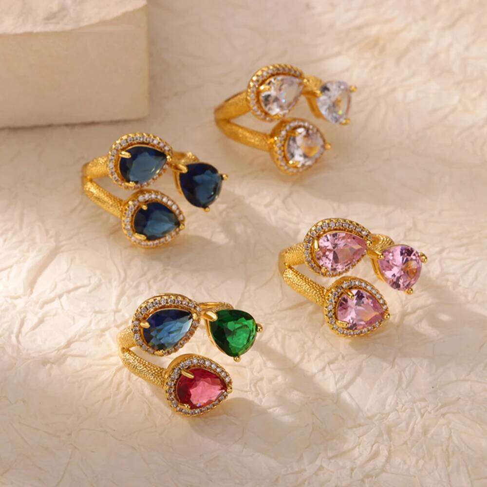 Gemstone Flower Stainless Steel Rings Zircon Adjustable Ring Women Wedding Anti Fading Jewelry Vacation Accessories Gift