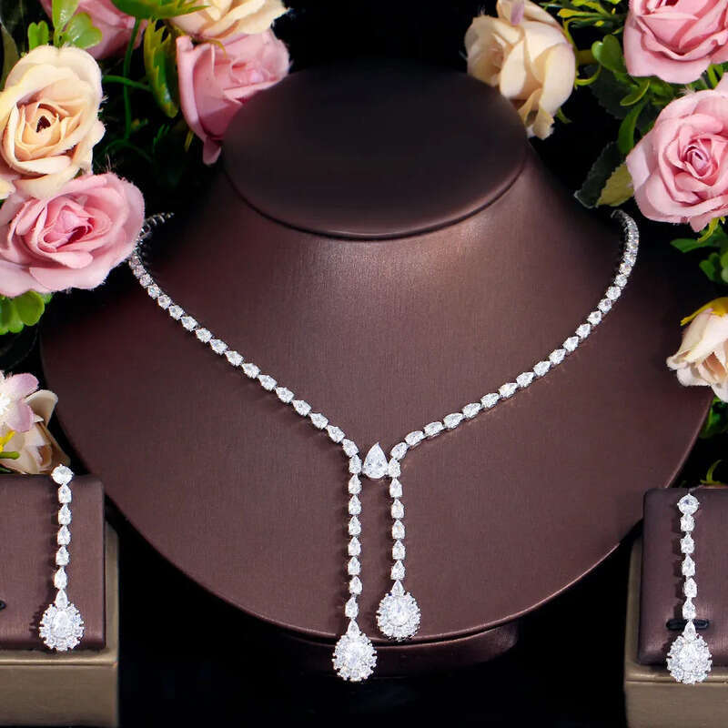 2023 Wedding Jewelry Sets White Gold Fill Water Drop 5A Cubic Zircon CZ Dia Sparkling Handmade Party Women Bridal Dangle Earring Necklace Gift