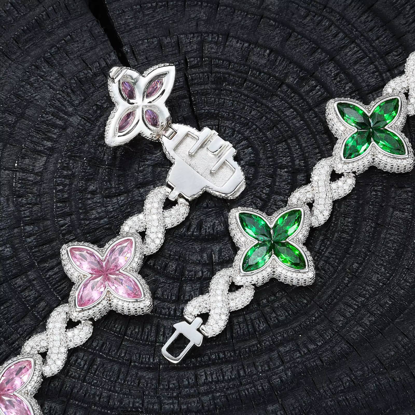 Fashion 21mm 925 pure silver color horse eye shape VVS moissanite diamond four-leaf clover infinite hollow Cuban chain bracelet.