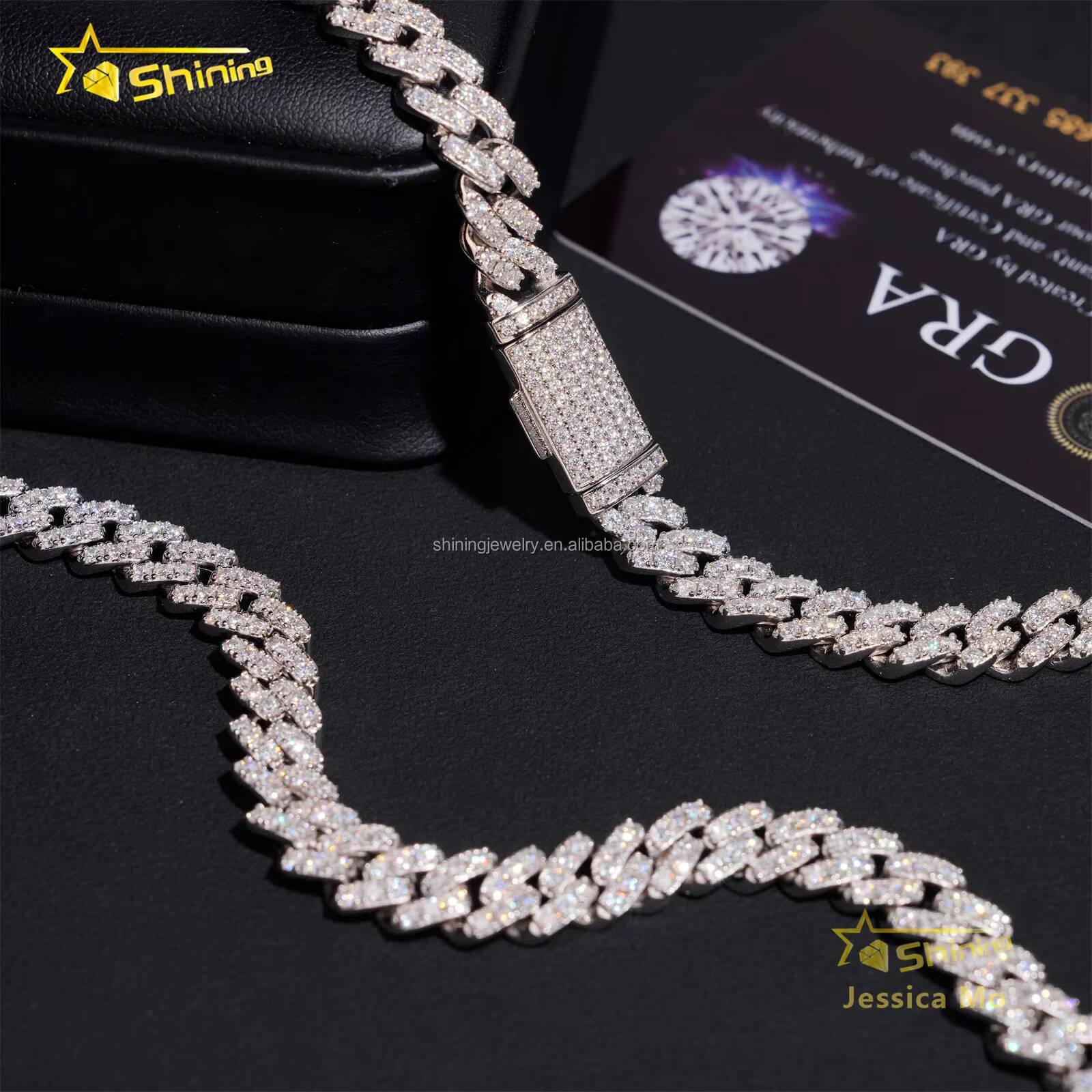 8mm One Row Stone Prong Setting GRA Certificate S925 Solid Silver Iced Out VVS Moissanite Miami Cuban Link Chain Bracelet Set