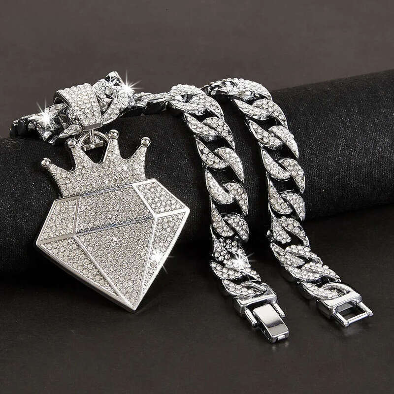 Hip Hop Iced Out Dia Crown Pendant Necklace Men Women with 13mm Bling Cuban Gold Chain Fashion cosplay Jewelry Gift