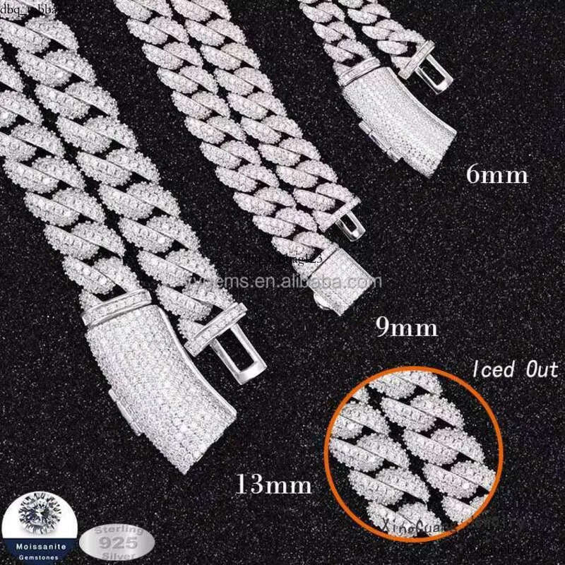Hot Sale Mossanite 2 Rows 6mm 9mm 13mm Sterling Sier Hip Hop Necklace VVS Moissanite Cuban Link Chain