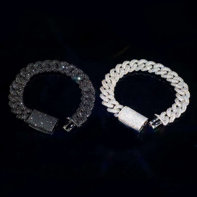 New Design 14MM Black Moissanite Cuban Chain Necklace High Quality Round Brilliant Cut Dia Sier Link Bracelet