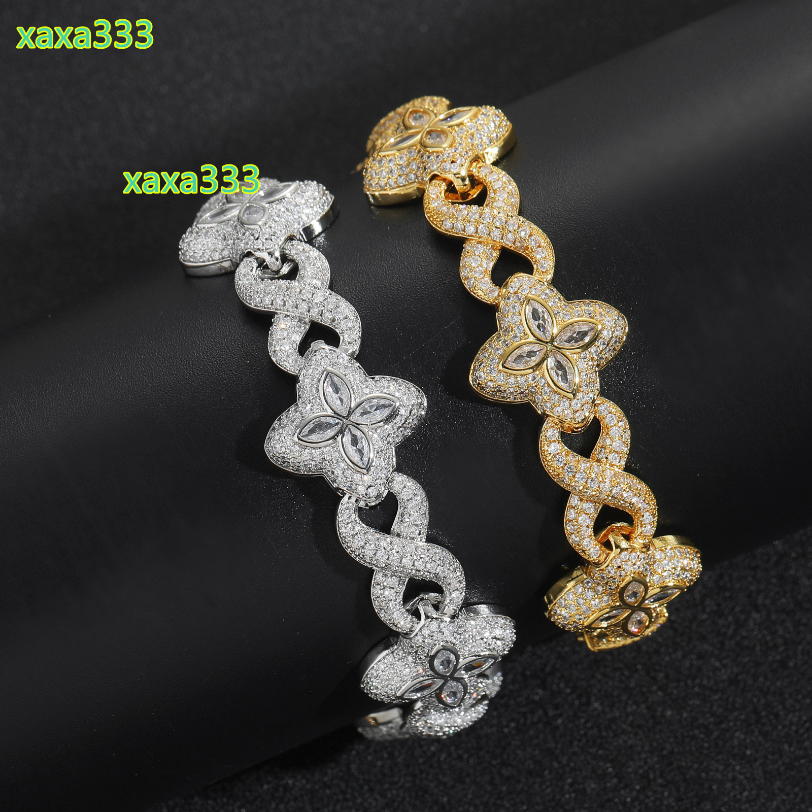BES Hip Hop Gold Inlaid Jade Necklace; Ice Type Four-Leaf Clover Bracelet; 5A Moissanite Diamond M Chain Women's Bracelet
