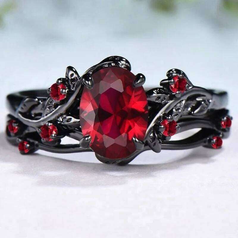 European and American New Retro Style Ruby Inlaid Gun Black Rose Branch Cross Women's Ring