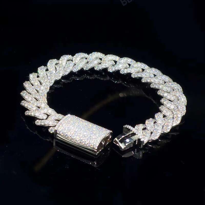 New Design 14MM Black Moissanite Cuban Chain Necklace High Quality Round Brilliant Cut Dia Sier Link Bracelet