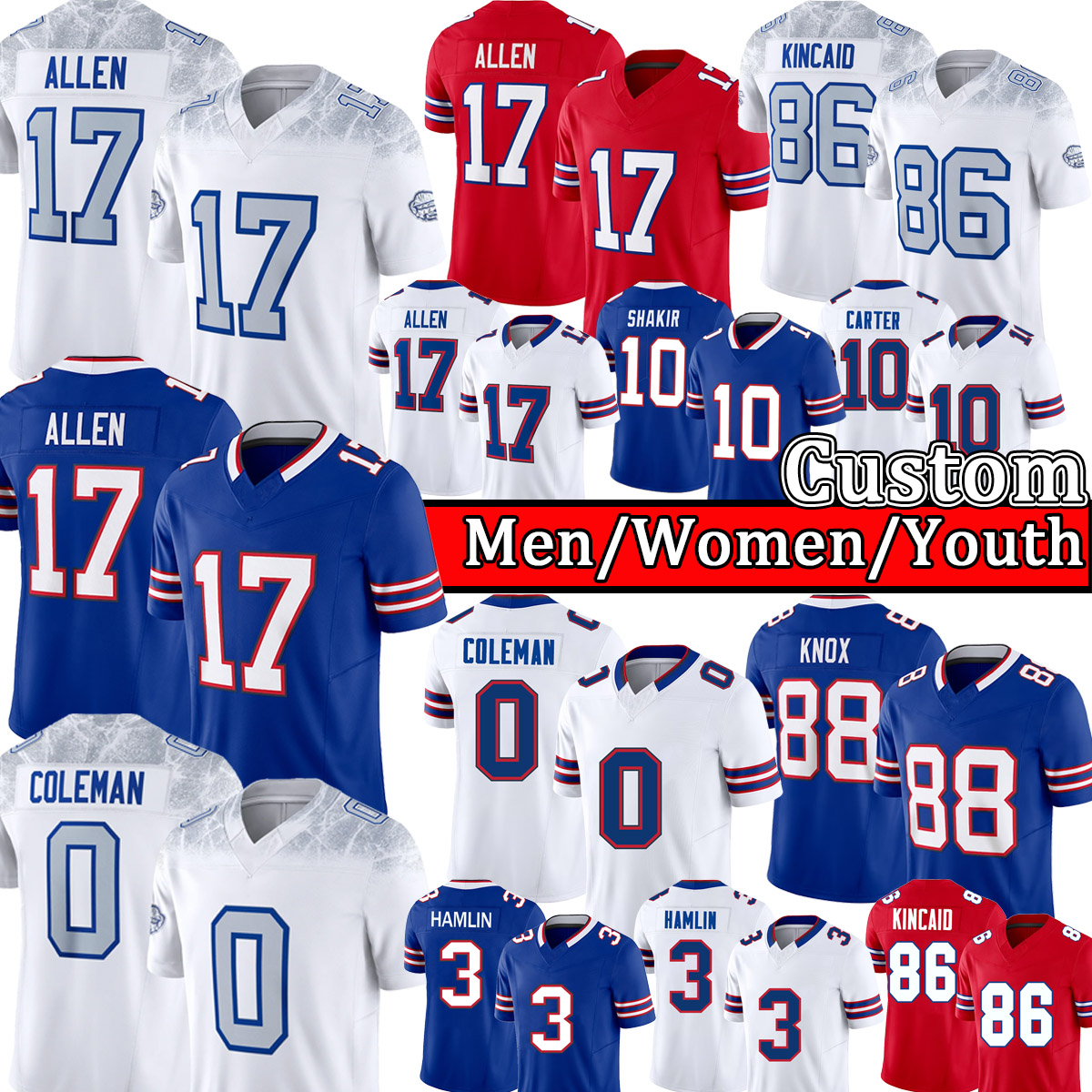 BuffalosBills Bill Josh Allen, Dalton Kincaid Football Jersey nfls Dawson Knox, Keon Coleman, Khalil Shakir, Joey Bosa, Maxwell Hairston, Khalil Shakir Bernard Cook Men