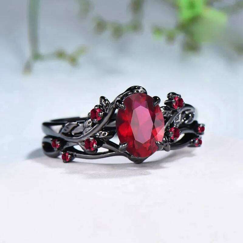 European and American New Retro Style Ruby Inlaid Gun Black Rose Branch Cross Women's Ring