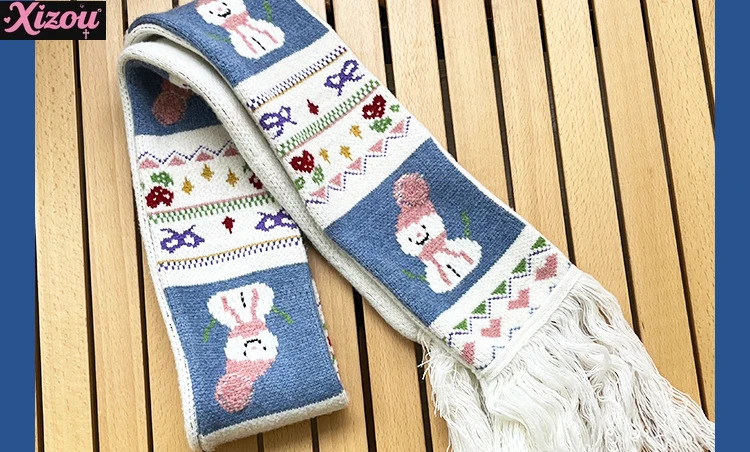 Japanese Retro Jacquard Soft Snowman Hand Embroidered Fringed Scarf To Keep Warm Niche Fashion Versatile Knitted Scarf Unisex 250930