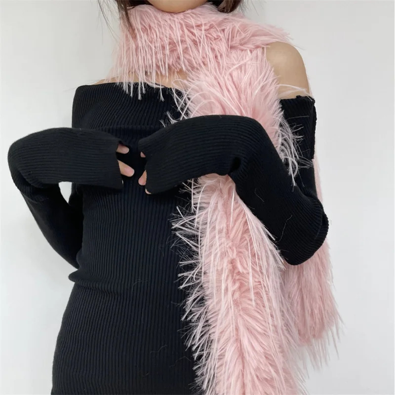 Korean Runway Style Thick Scarf Fashionable Plush Long Strip Scarf Womens Mink Fur Y2K Girl Scarf for Warm 250930