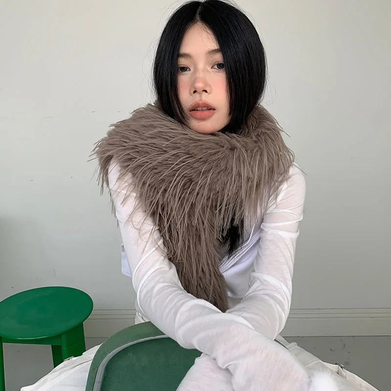 Brown Long Hair Scarf Solid Color Plush Shawl Winter Warm Thickened Tassel Shawl Fur Scarves Warp Women Year Gift 250930