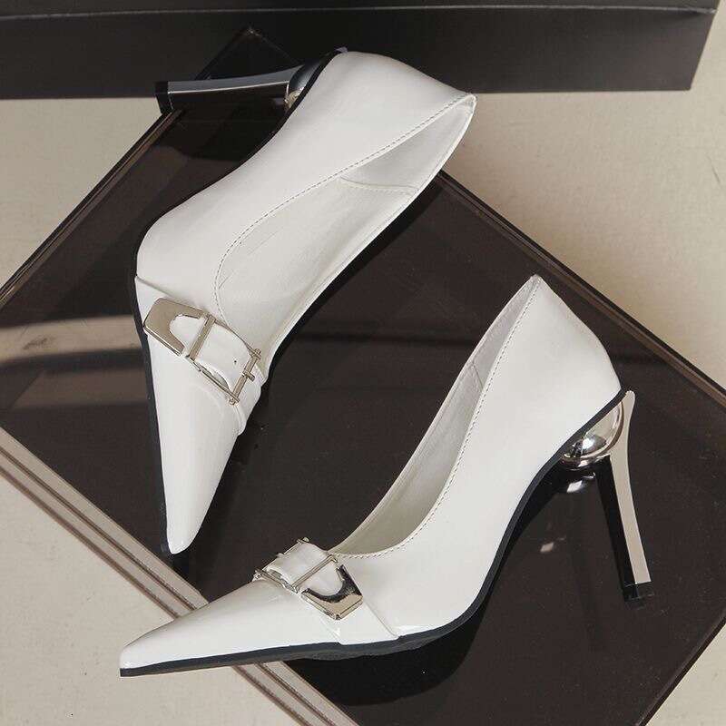 Sexy Socialite Black Silk Stiletto Designer Shoe High heels 2025 New Pointed Shallow Metal Bheelt Buckle Patent Leather Single Shoes Women