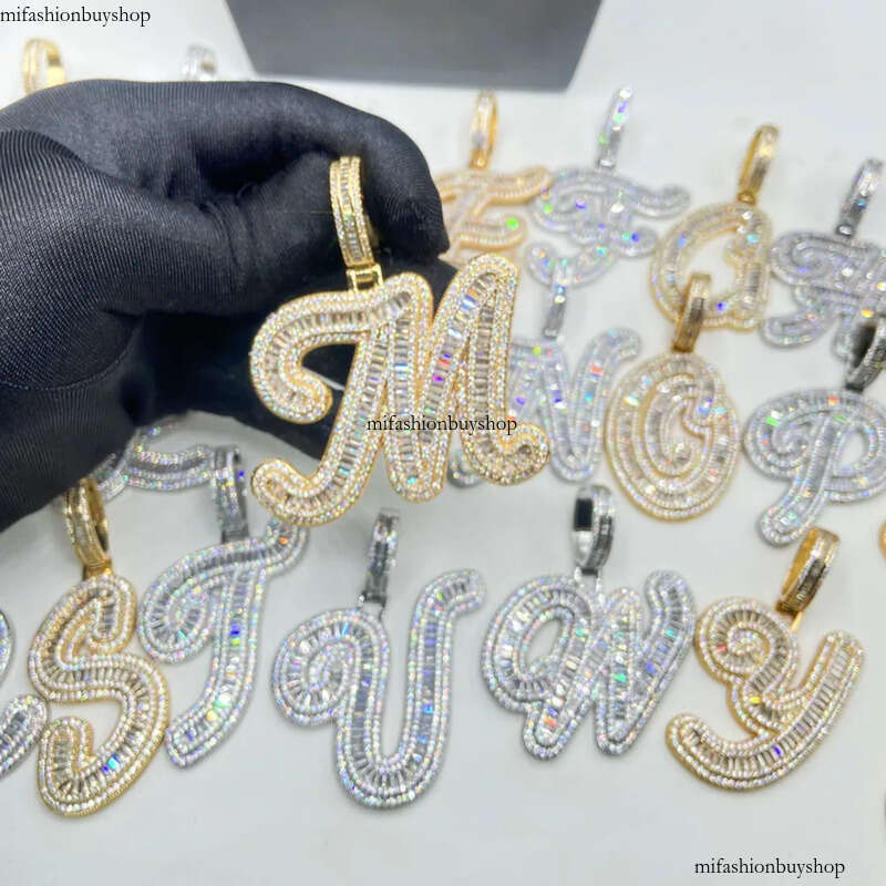Hip Hop Custom A-Z Cursive Letters Pendant Necklace 5A T Zircon Real Gold Plated Mens Jewelry