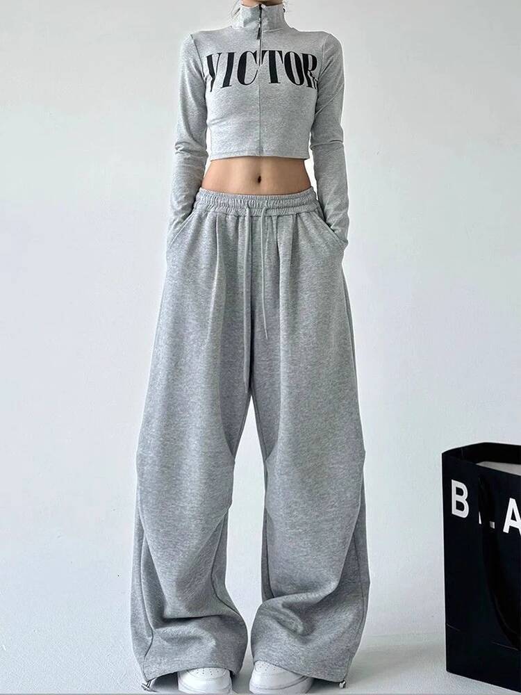 Y2K Haruku Wide Leg Sweatpants Women Streetwear Baggy Oversize Gray Sports Pants High Waist Drawstring Casual Joggers Trousers dongdumaoyi