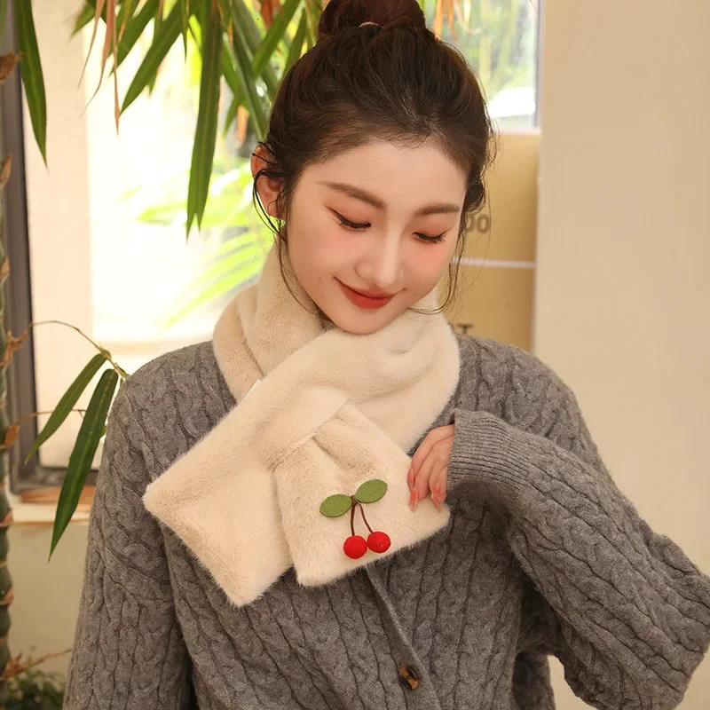 FANAN Winter Rabbit Fur Scarf Women Thickened Warm Cherry Decorative Scarf Cute Pink Comfortable Plush Scarf 250929