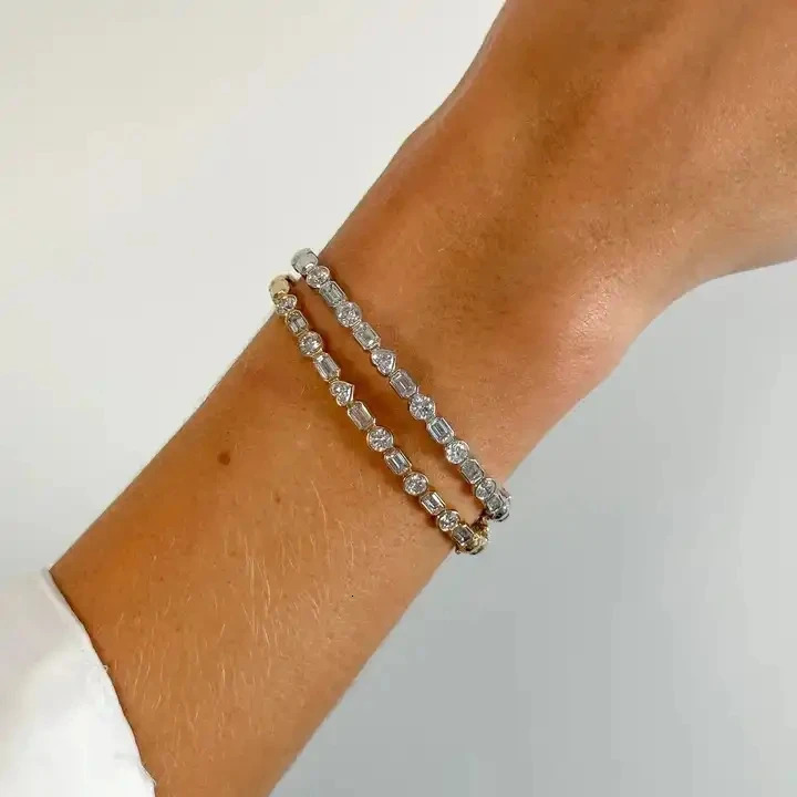 Valentines Day Gift Bezel Set Geometric 5A Heart Round Rectangle Cz Charm Bangle Bracelet Women Lady Wedding Jewelry 250930