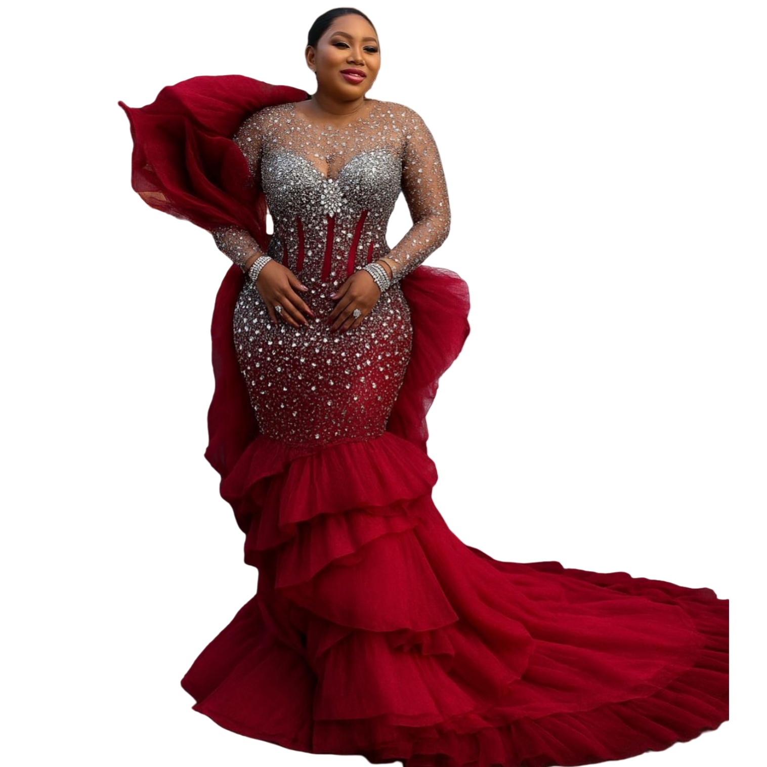 Mermaid Dark Red Prom Dresses 2025 Beaded Crystals Tiers Tulle Evening Formal Party Second Birthday Engagement Gowns Plus Size Dress For Special Occas