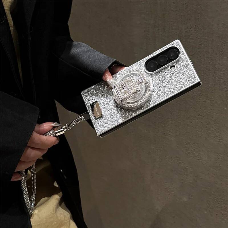 Fashion Glitter Magnetic Phone Case For Samsung Galaxy Z Fold 7 6 5 4 3 Fold6 Fold7 Cover with Magsafe Love Stand Chain Cases
