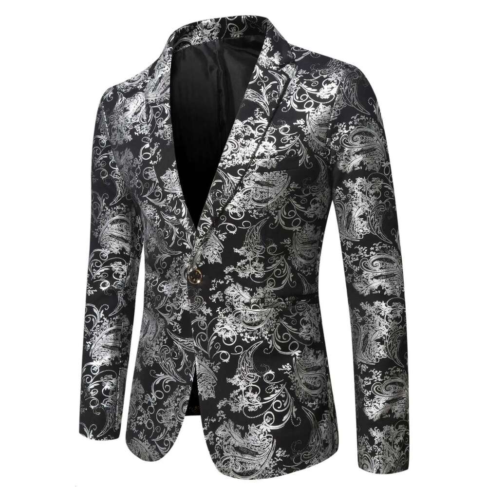 Men's Slim Fit Print Blazer Jacket 2025 Fashion Handsome Business Casual Sier Stage Show Suit Small Menswear