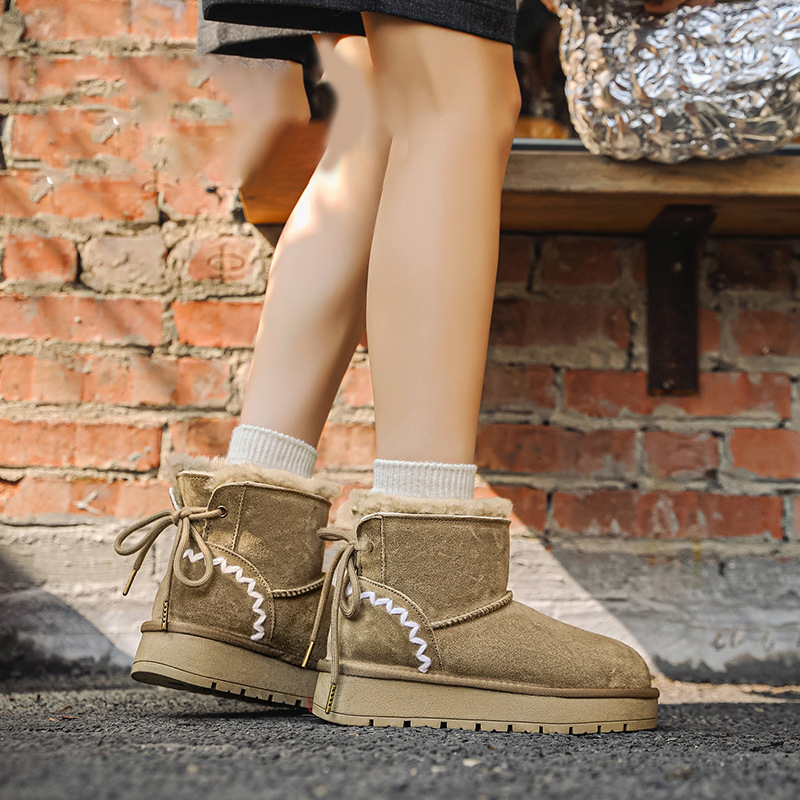 EBV designer shoes hot free shipping High quality Sheepskin fur on Leather short waterproof winter new keep warm plush bow cotton shoes for woman brow