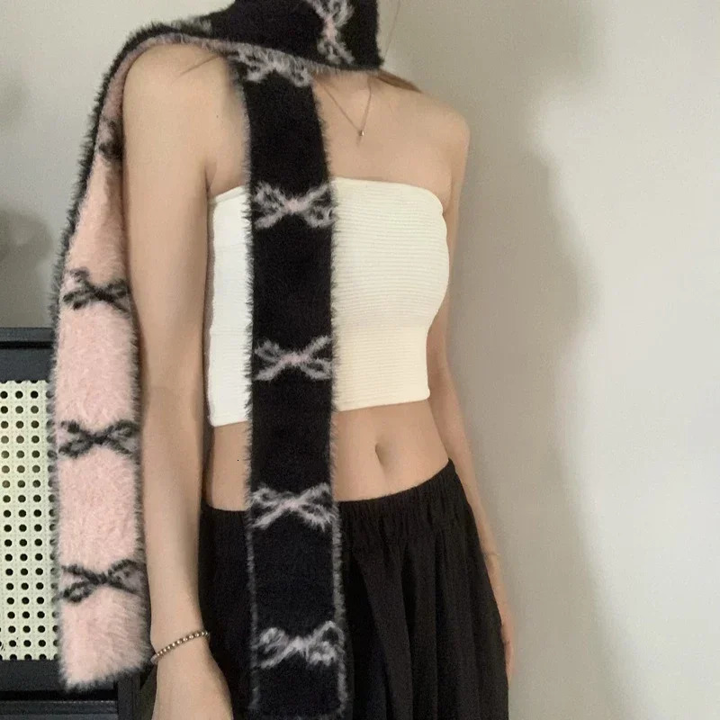 Bow scarf women winter Vintage Knitted N Longer Scarf Wome Two Colors Muffler Neck Warmer Y2k Girl Accessories Four Seasons 250929