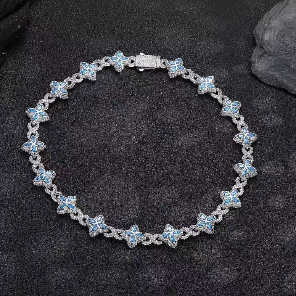 Hip-hop rap infinite four-leaf clover bracelet fashion cool high-end 5A diamond color hand jewelry necklace