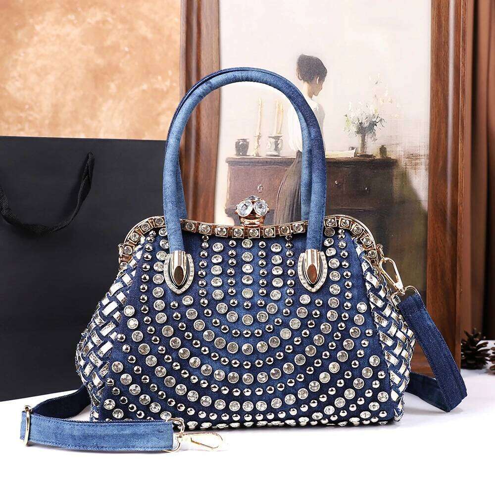 2025 New women's fashion washed denim tote bag, large-capacity elegant dia-encrusted single-shoulder crossbody bag
