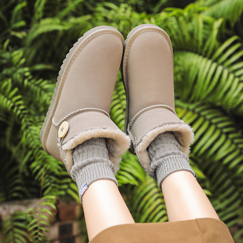 EBV designer shoes free shipping High quality cowhide winter snow boots anti slip thick button fashion cotton shoes for women black grey brown khaki