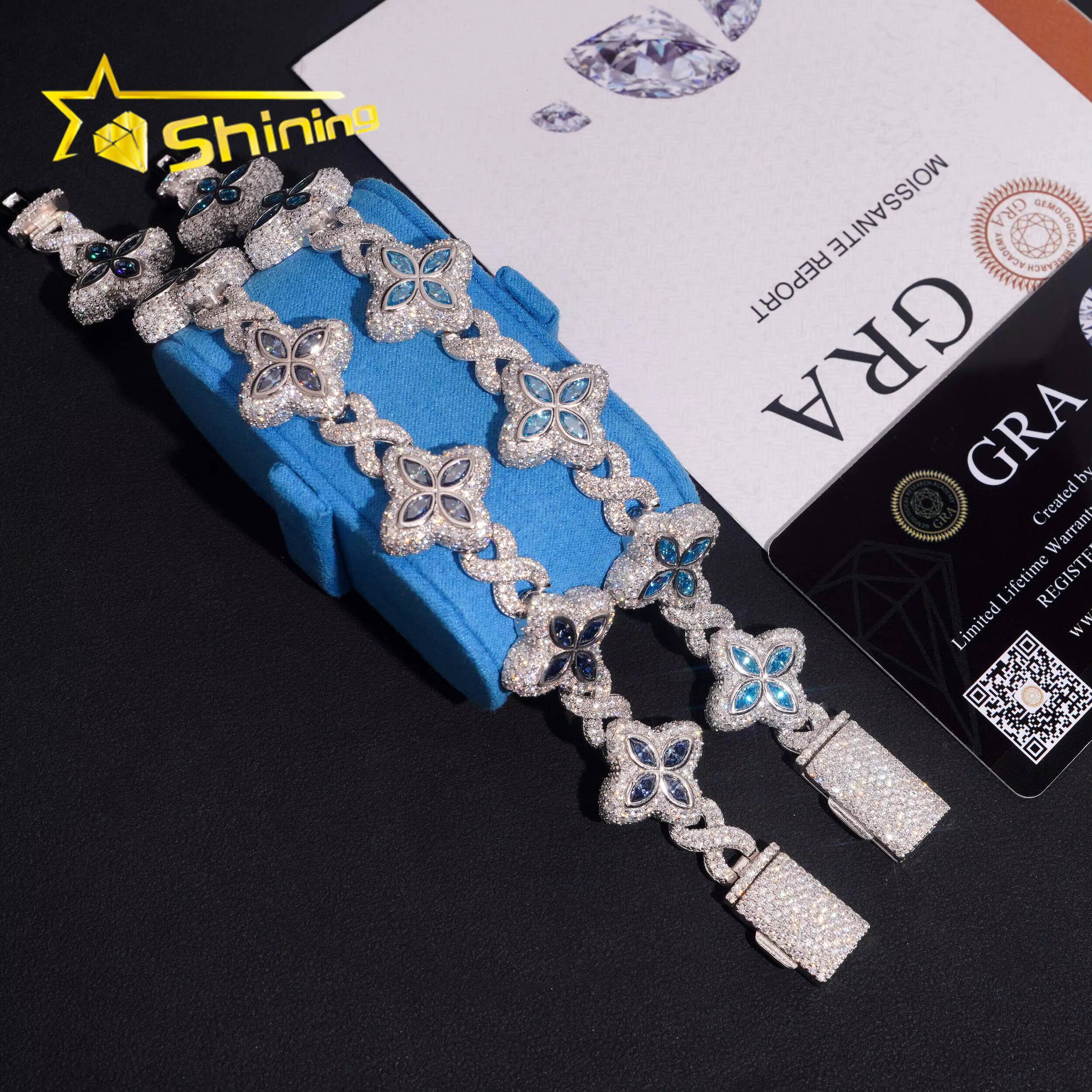 Hip Hop Jewelry 925 Silver 18mm VVS Blue Moissanite Clover Bracelet Custom Iced Out Moissanite Bracelet for Men Women