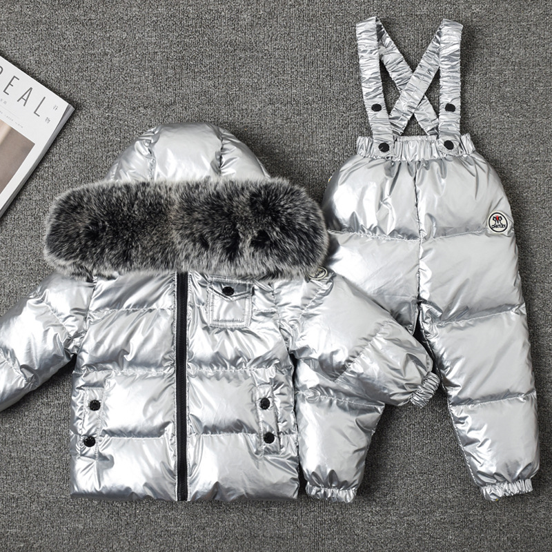 New Winter Edition Kids Down Jacket Overalls Set Big Fur Collar Boys Girls Babies Children's Clothing Skiing Clothes