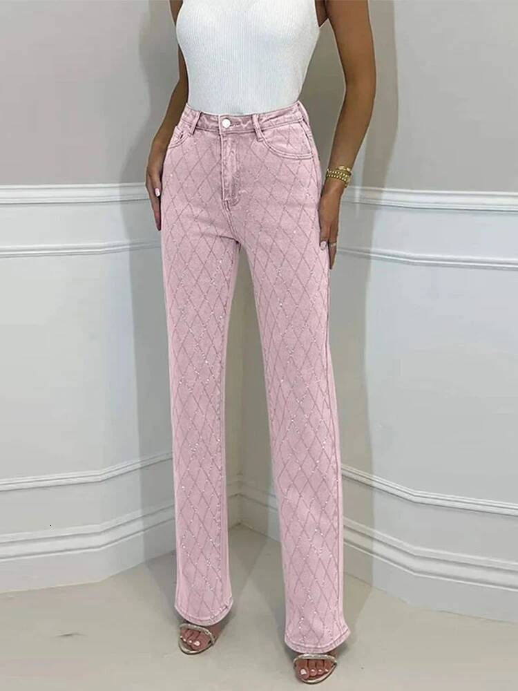 Dia-shaped Rhinestones Woman's Denim Shiny Dia Straight Jeans for Women Rise Trousers Y2k High Street Pants dongdumaoyi